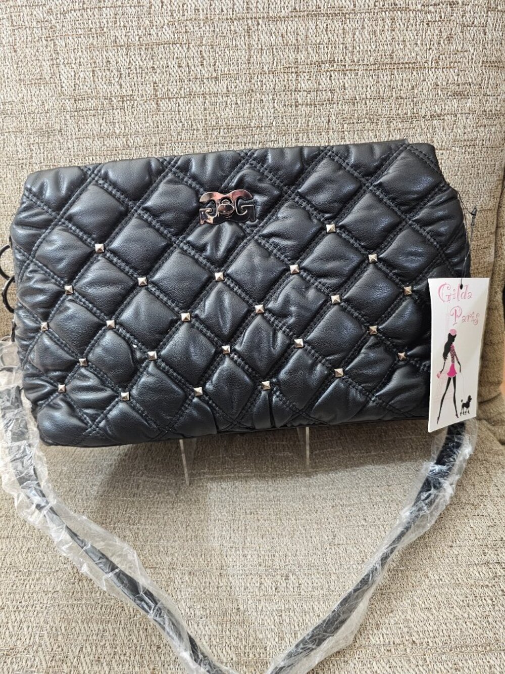 NWT Gilda Paris Black Waffle Quilted Studded Shoulder Bag twist-lock MSRP $159
